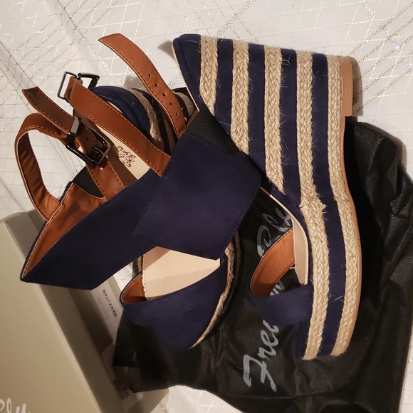 French Blu New POPEYE Espadrille Platform Wedge Sandal NIB Navy Tan Women's 40 - Picture 3 of 14